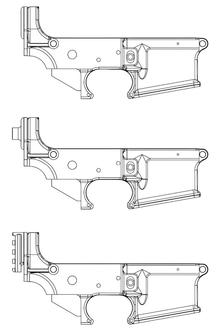 Technical drawing of three gun receiver designs.