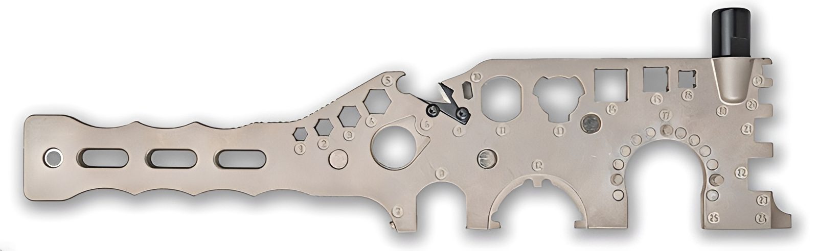 Metal tool with various cutouts and shapes.