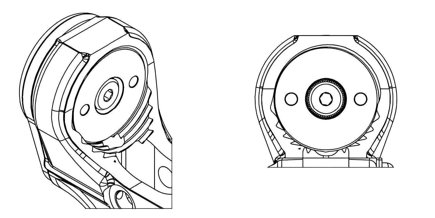 Mechanical component technical drawing, two perspectives.
