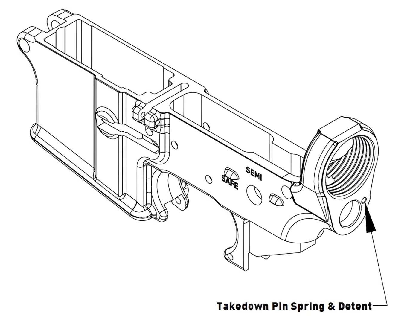 Rifle lower receiver diagram with labeled parts.