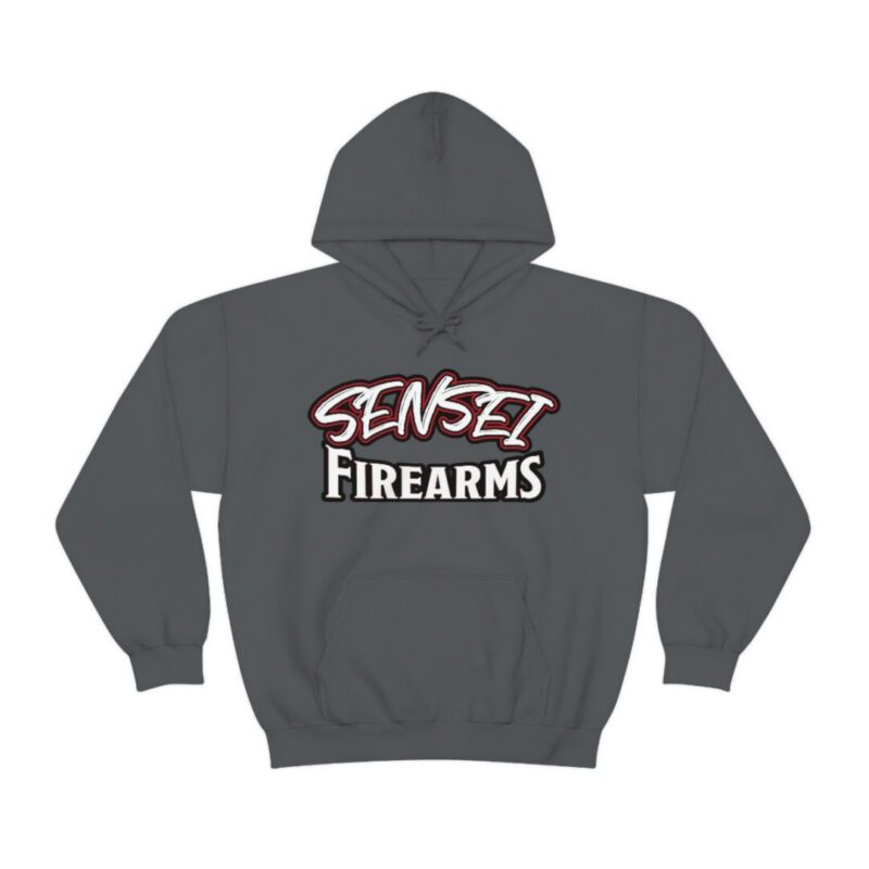 Gray hoodie with "Sensei Firearms" text design.