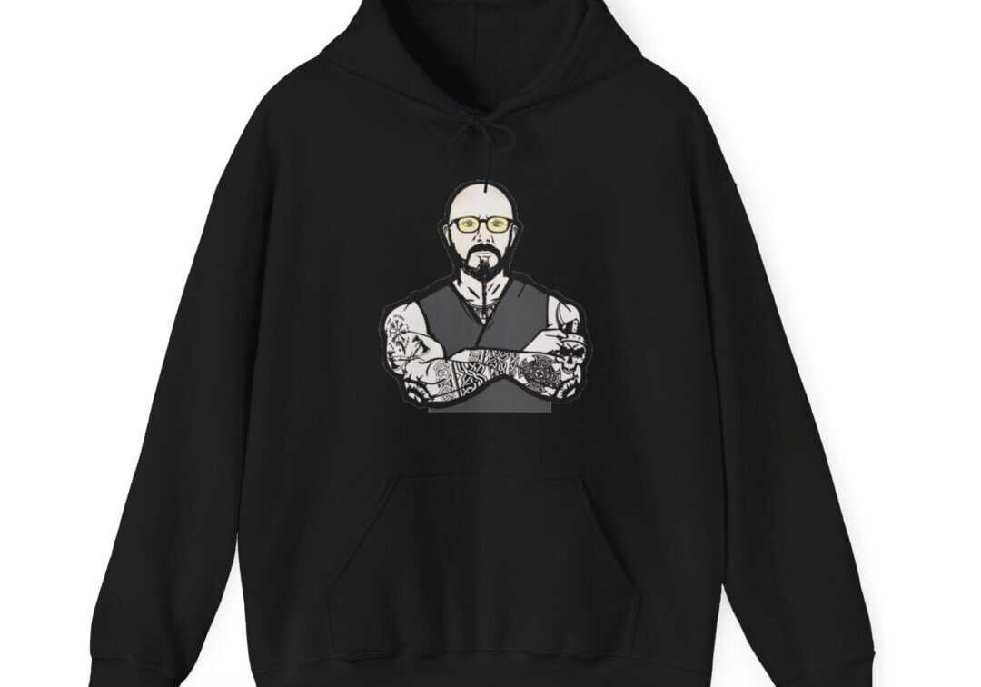 Black hoodie with tattooed man graphic design.