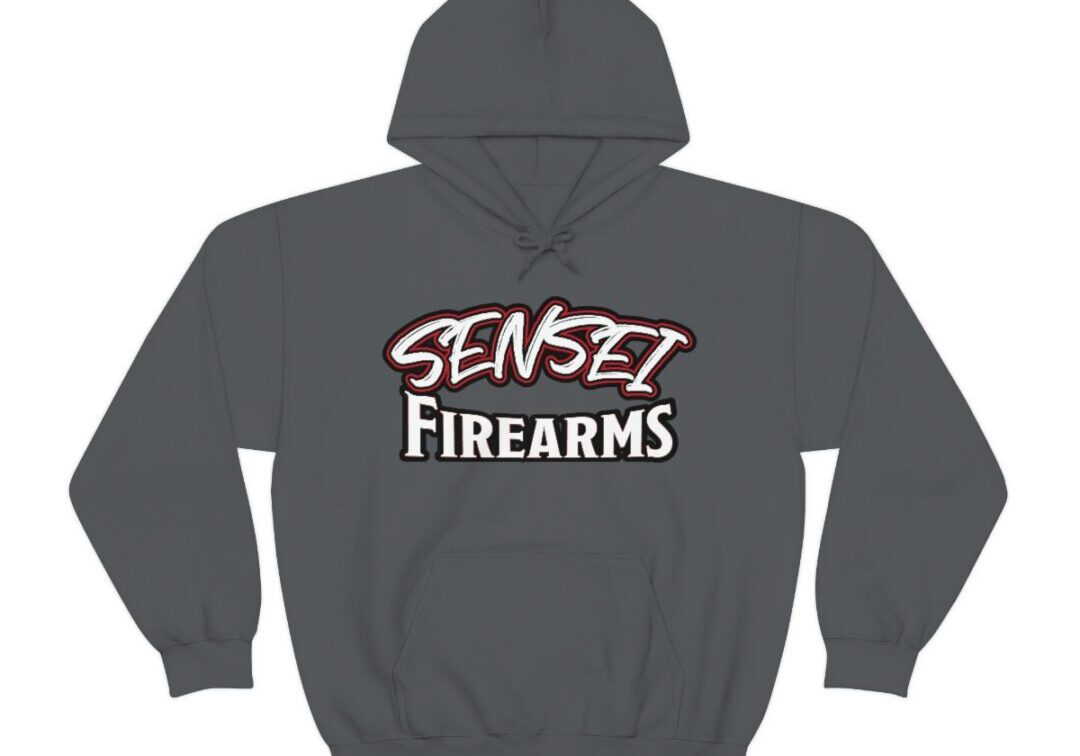 Gray hoodie with "Sensei Firearms" text design.