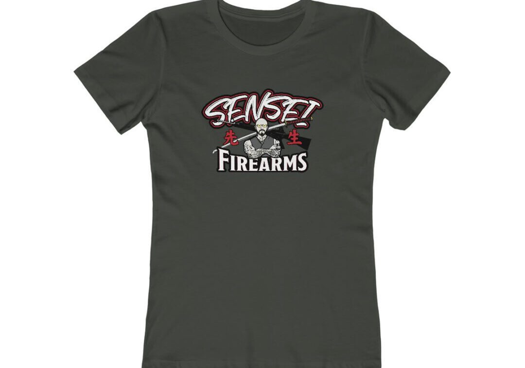 Dark T-shirt with "Sensei Firearms" design.